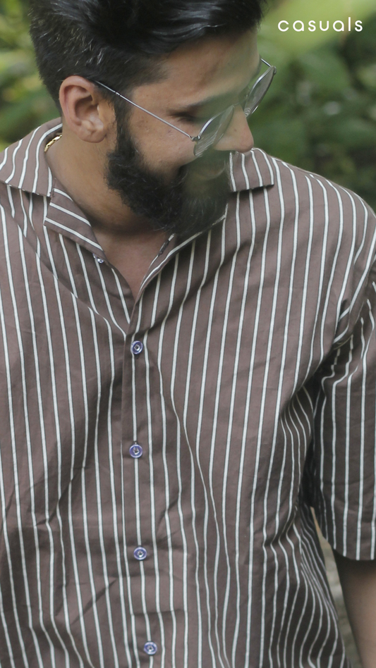 Brown-Beige Striped Oversized Unisex Shirt | InCasuals